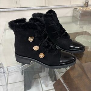 Nanette Lepore Black Ankle Boots with Gold Accents